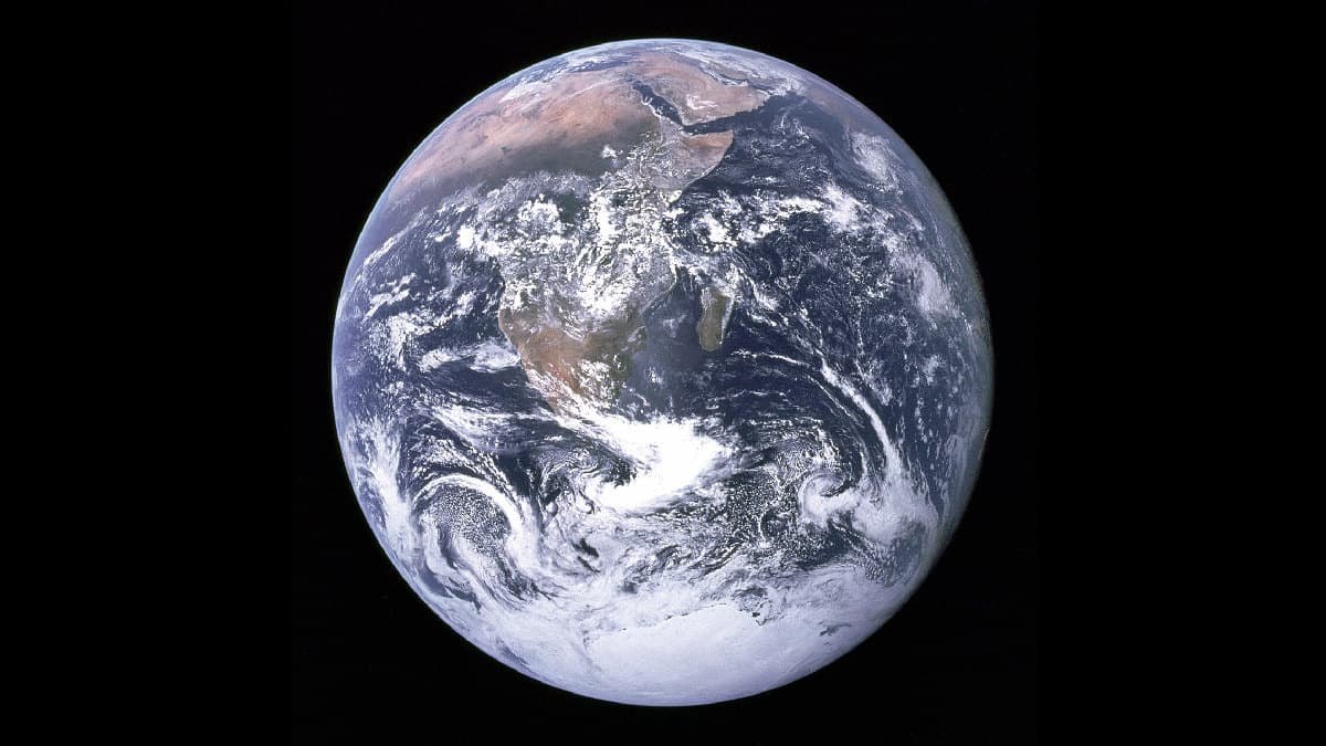 The full Earth against black space in the Apollo 17 Blue Marble photograph.